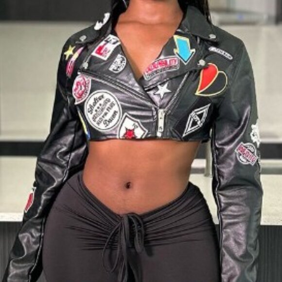 Hot & Delicious Cropped Faux Leather Jacket W/ Front Patches - Black, M - Picture 3 of 9